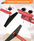 Product installation of Adjustable Stair Tread Template Tool And Woodworking Stair Gauge Jig showing black ruler and red adjustment mechanism.