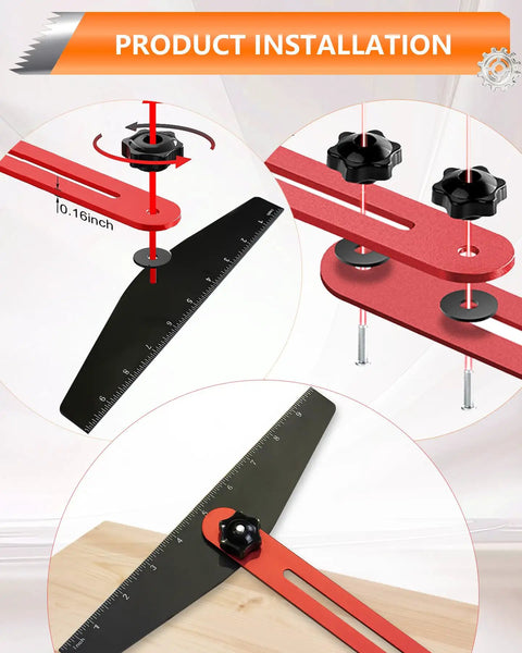 Product installation of Adjustable Stair Tread Template Tool And Woodworking Stair Gauge Jig showing black ruler and red adjustment mechanism.