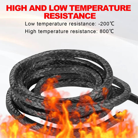 Black graphite braided packing rope, coiled, showcasing high-temperature resistance