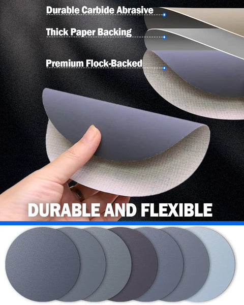 Close-up of 6 Inch Wet And Dry Sanding Discs Set With Hook And Loop For DA Random Orbital Sander showing durable backing layers.