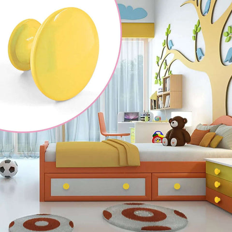 Bright Yellow Metal Cabinet Knobs Pack Of Ten Round Drawer Pulls For Dressers And Cupboards, close-up view with furniture background.