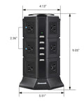 The 16Ft Power Strip Tower With 12 Outlets And 5 USB Ports ETL Surge Protector shown with dimensions marked.