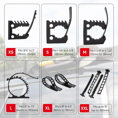 Image of various sizes of heavy duty rubber clamp shovel mounts for tools, showing XS to XXL fits, with dimensions and design details.
