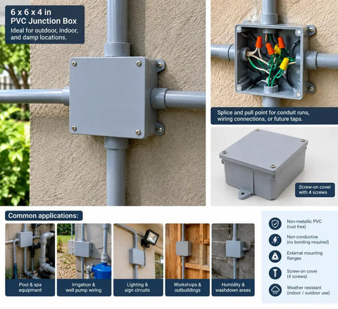 Rock Solid 6X6X4 Inch Pvc Junction Box Gray Nonmetallic Splice With Screw On Cover And Mounting Flanges 144 Cubic Inch Capacity installed for wiring.