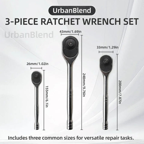Image of 3 Piece Stubby Ratchet Wrench Set With Grippy Textured Grip, Heavy Duty Hand Tool Kit in CRV Steel, 3 sizes shown