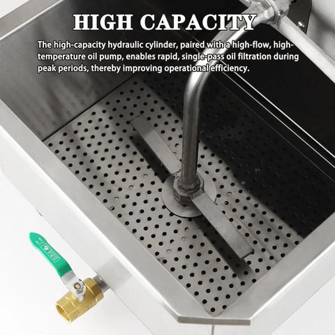 Interior view of Heavy Duty Commercial Deep Fryer Oil Filter Machine 65L Capacity, showcasing the high-capacity hydraulic cylinder.
