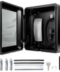 Heavy Duty Outdoor Electric Charger Lock Enclosure Wall Mount Protective Housing For Tesla And All Plug In Vehicle Stations With Multiple Cable Grommets Weatherproof Badass Top Shelf Secure Cover 23X19X10 Inches, open view with charger inside.