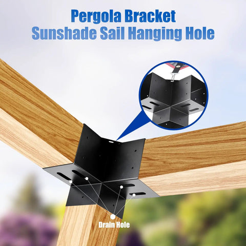 4 Pack 3 Way Right Angle Pergola Brackets With Black Powder Coat Finish For DIY Woodworking, close-up on wood post installation.