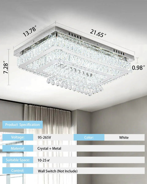 Modern Crystal Ceiling Light Chandelier With LED Fixture for Bedroom Living Room Dining Room Kitchen Rectangular 13.8 Inch White Dimmable