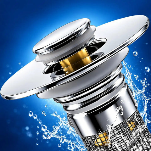Removable Stainless Steel Hair Catcher Basket For Bathroom Sink Tub And Shower With Pop Up Drain Stopper showing shiny drain guard with mesh.