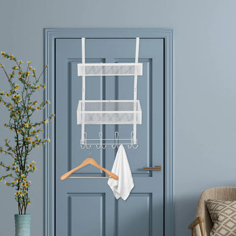 Heavy Duty Over The Door Organizer With Double Layer Mesh Baskets And Eight Sturdy Hooks For Bathroom And Home Office, white metal frame on a blue door.