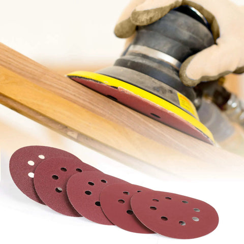200-Piece 5-Inch Sanding Discs Set With 8-Hole Hook And Loop Orbital Sandpaper in use on wood surface