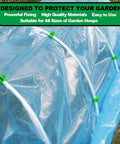 Greenhouse clamps for 1/2-inch PVC pipes; white pipes with green clips securing blue greenhouse film.