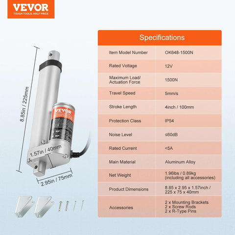 Side view of VEVOR 12V linear actuator with 4-inch stroke, aluminum body, mounting bracket and screws