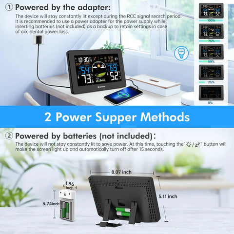 All In One Weather Station With Wireless Indoor Outdoor Sensor 7.5 Inch HD VA Display showing power methods on a desk