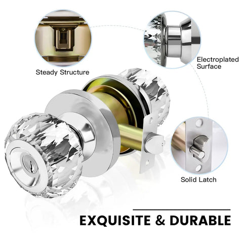Crystal Door Knobs With Lock And Keys, 6 Pack Keyed Alike Glass Door Knob Set In Satin Nickel shown with solid latch and structure