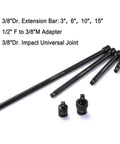 Heavy Duty Three Eighths Inch Drive Impact Socket Set For SAE And Metric with extension bars and impact universal joint