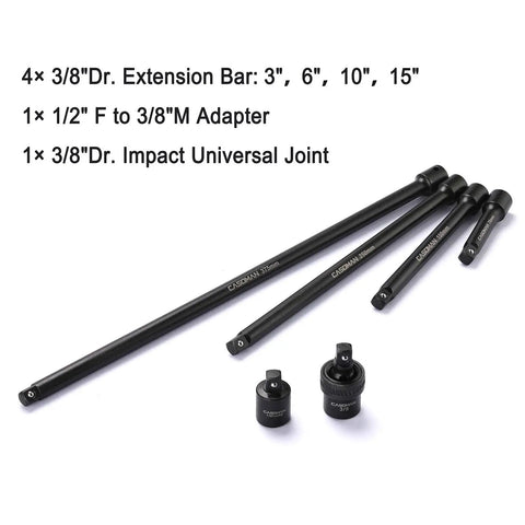 Heavy Duty Three Eighths Inch Drive Impact Socket Set For SAE And Metric with extension bars and impact universal joint