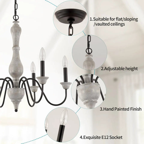 Close-up of French Country Farmhouse Chandelier Pendant Light Fixture For Kitchen Island Dining Room Living Room Foyer Entryway UL Listed Rustic Wood And Iron Finish With 6 S Shaped Arms showing details like adjustable height and hand-painted finish.