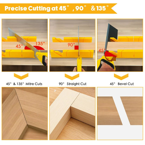 4-Piece Miter Box And Saw Set With A 3.95 Inch By 12 Inch Extra-Wide Miter Box And Three Saws For Heavy-Duty Cuts showing miter cuts