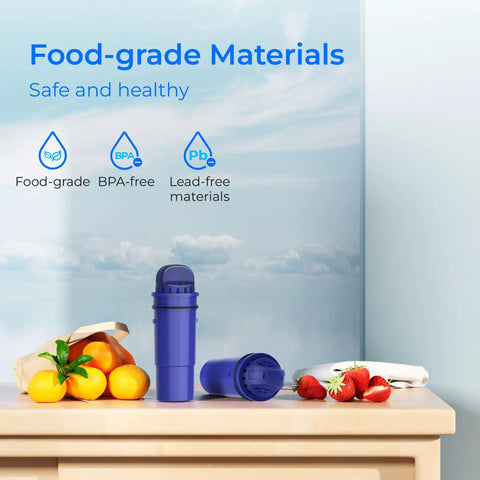 Replacement Filter For Pur Pitchers And Dispensers, NSF Certified Lead Free on table with fruits, emphasizing food-grade BPA-free materials