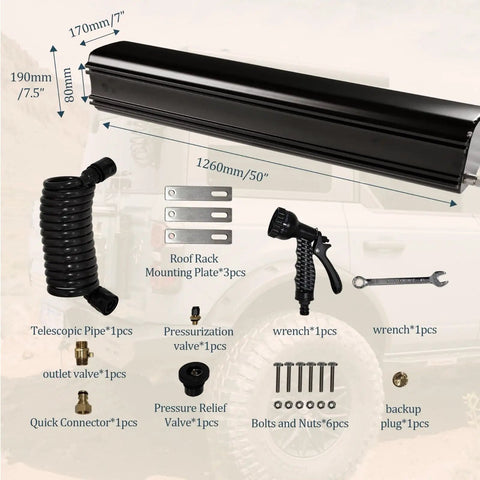 9.5 Gallon Pressurized Water Tank With Aluminum Roof Rack Mount for On The Go Showers Camping Water Storage And Spray Hose