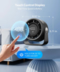 Rechargeable Small Desk Fan with Quiet 35dB Breeze, touch control display, 360-degree tilt, on round table in bedroom