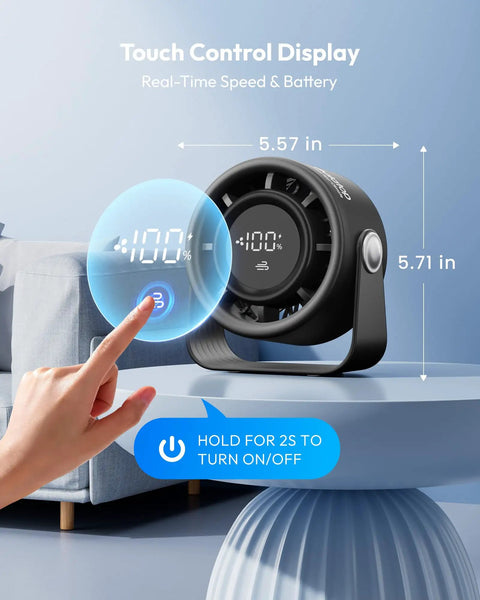 Rechargeable Small Desk Fan with Quiet 35dB Breeze, touch control display, 360-degree tilt, on round table in bedroom