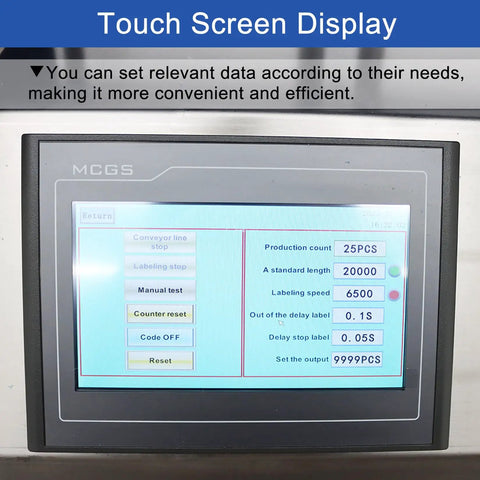 Touch screen display of Badass Precision Alignment Adjustable Handles Desktop Automatic Flat Bottle Labeling Machine showing settings.