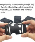 Two Pack One Point Five Inch Flat Side Release Buckles And Tri Glide Slides For Webbing Straps Luggage Pet Collars Backpacks Repair Built To Last Heavy Duty Plastic Quick Release 38mm Compatible, black color, held in hands.