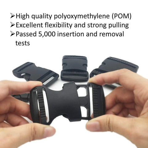 Two Pack One Point Five Inch Flat Side Release Buckles And Tri Glide Slides For Webbing Straps Luggage Pet Collars Backpacks Repair Built To Last Heavy Duty Plastic Quick Release 38mm Compatible, black color, held in hands.