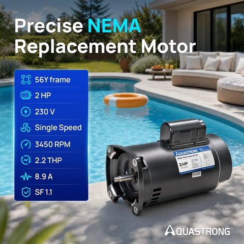 Heavy Duty 2 Hp 230V Pool Pump Motor With 56Y Frame And Square Flange for smooth operation near swimming pool.