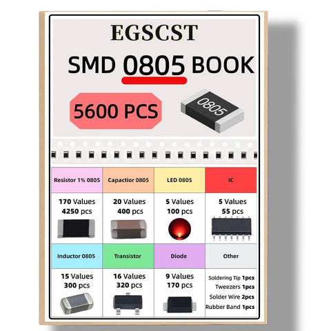 Extensive SMD Electronics Component Kit With 5600 Pieces Including 0805 Resistors displayed in booklet cover layout.