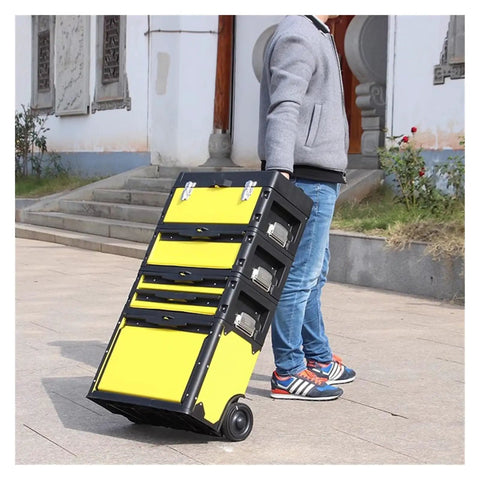 Person pulling the Four Layer Rolling Toolbox Organizer With Detachable Toolbox Multi Level Workstation Pull Handle Yellow