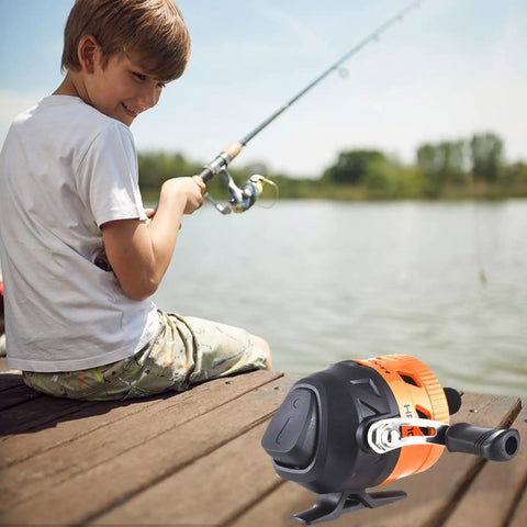 Boy using Spincast Fishing Reel For Beginners With Right Hand Retrieve Easy Push Button Casting Pre Wound Nylon Line