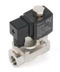 Beefed Up Stainless Steel Solenoid Valve Half Inch With 110 Or 120 Volt AC Normally Open Pilot Operated Four Point Four To Two Hundred Thirty Two PSI Viton Seal