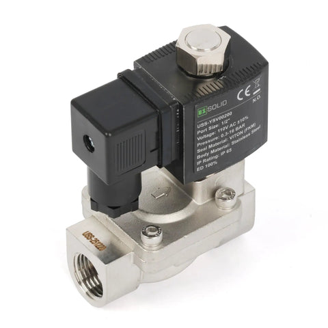 Beefed Up Stainless Steel Solenoid Valve Half Inch With 110 Or 120 Volt AC Normally Open Pilot Operated Four Point Four To Two Hundred Thirty Two PSI Viton Seal