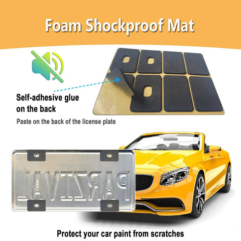 Foam shockproof mat with self-adhesive backing for license plate protection on a yellow convertible car.