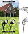 Totally Lit Ultra Bright Low Voltage Outdoor LED Landscape Lights mounted on wall and inserted in ground, 10W, 12V, garden view.