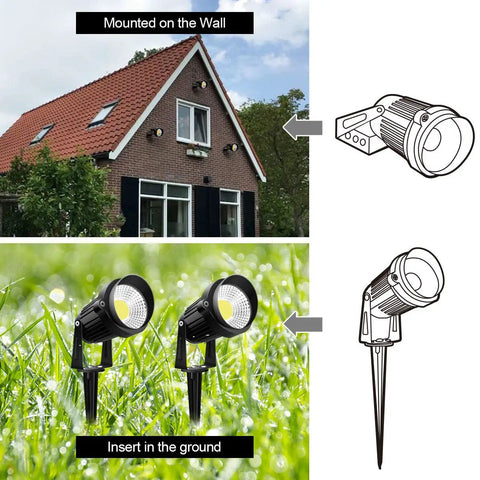 Totally Lit Ultra Bright Low Voltage Outdoor LED Landscape Lights mounted on wall and inserted in ground, 10W, 12V, garden view.