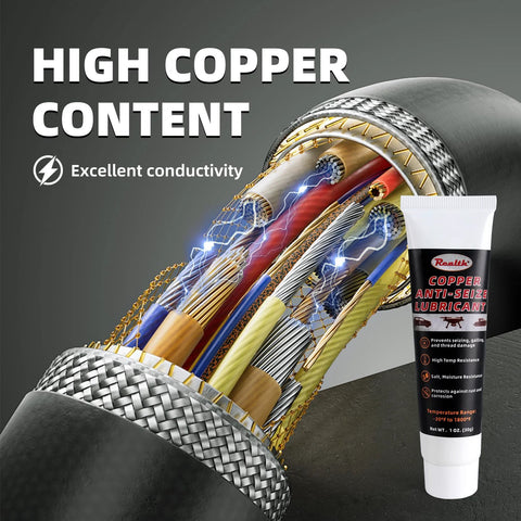Front view of Realth copper anti-seize lubricant tube, 30 g, black and red label