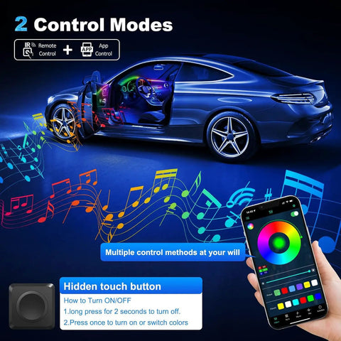 Car Interior LED Strip Light With App Control Dreamcolor RGB 6 In 1 Kit in car with music notes and mobile app display