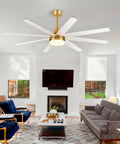 65 Inch Ceiling Fan With Lights And Remote Six Speed Settings Quiet DC Motor Eight Reversible Blades Timer Function Three Color LED Light Industrial Gold And White Finish Perfect For Big Rooms Bedroom Or Home Office in modern living room