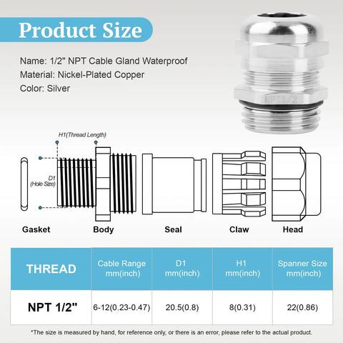 Diagram and specifications of 4 Pack Half Inch NPT Nickel Plated Copper Waterproof Cable Glands IP68 Weatherproof Sealed Connectors For 6 To 12mm Cables With Nuts, Lock Rings And Gaskets.