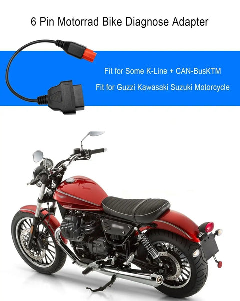 6 Pin OBD2 To 16 Pin Diagnostic Cable For Euro5 And Euro6 Motorcycles, 33cm Long, with red and black motorcycle.