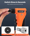 Heavy Duty Single Hand Pop Rivet Gun Kit showing swappable tips and size identification for easy rivet work.