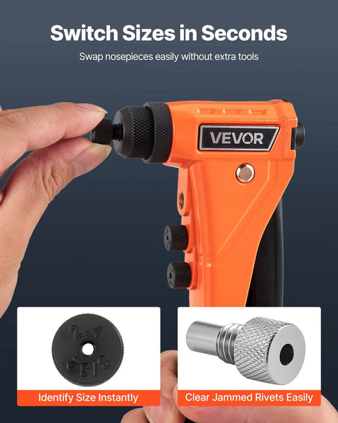Heavy Duty Single Hand Pop Rivet Gun Kit showing swappable tips and size identification for easy rivet work.