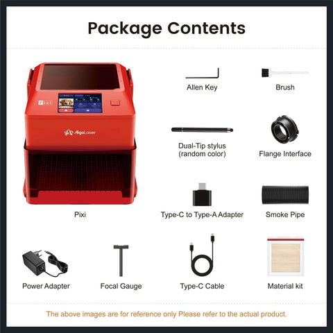 AlgoLaser 3W laser engraver, front view of red device with Allen key, brush, dual-tip stylus, adapters, cables.