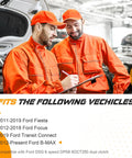 Two mechanics in orange uniforms discussing near a Ford car; list of compatible vehicles with Ford DSG 6 speed DPS6 6DCT250 dual clutch