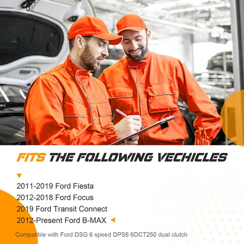 Two mechanics in orange uniforms discussing near a Ford car; list of compatible vehicles with Ford DSG 6 speed DPS6 6DCT250 dual clutch